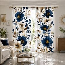 2pcs Blue & White Watercolor Floral Pattern Semi-Sheer Bedroom Curtains, 90GSM Polyester Semi-Transparent Privacy Protection, Elegant Style Living Room Curtains, Kitchen Curtains, Suitable For Home, Room, Kitchen Partition Or Decoration, Rod Pocket Design Easy Installation, Quick Dry, Washable, Fade-Resistant, Lightweight Removable Curtains - Multicolor - View 5