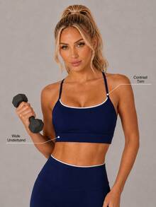 Sodalemon Women's Deep Blue Y-Back Spaghetti Strap Sports Bra, Round Neck Low-Impact Fitness Bra, Suitable For Yoga, Pilates, Gym And Daily Workout - Navy Blue - View 1