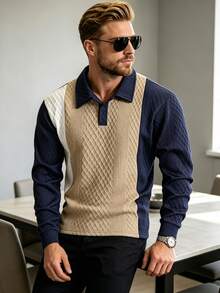 Top Polo Masculina de Manga Longa com Tecido Jacquard Texturizado em Losango 3D e Patchwork em Cores Contrastantes para Primavera/Outono - Azul - Visão 2