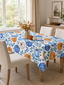 Autumn Pumpkin Tablecloth With Blue Orange Botanical Pattern, Vintage Farmhouse Rectangle Table Cover, Thanksgiving Dinner Decor, Fall Kitchen Dining Room Decoration - Multicolor - View 8