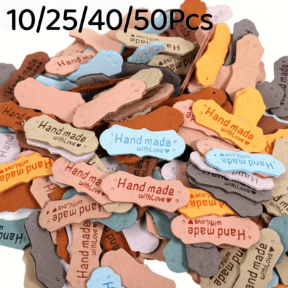 10/25/40/50Pcs Handmade Leather Labels, Ultra-Fine Fiber Colored Leather Labels, Heart-Shaped Embossed Handmade Crochet Tags With Holes, Suitable For Handicrafts, Knitting, Sewing, Hats, Wallets, Clothing