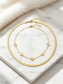 2pcs/Set Multi-Style Long Mixed Chain Necklaces, 18K Gold Plated Stainless Steel, Clover, Twisted Rope, Round Snake Chain, Layerable Necklaces - Gold 4 - View 4