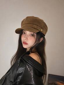 1pc Women's Vintage Suede Texture Newsboy Cap, Soft Brim Baker Boy Hat With Belt Loop And Gold Button Detail, Suitable For Travel, Streetwear, All Seasons - A - View 3