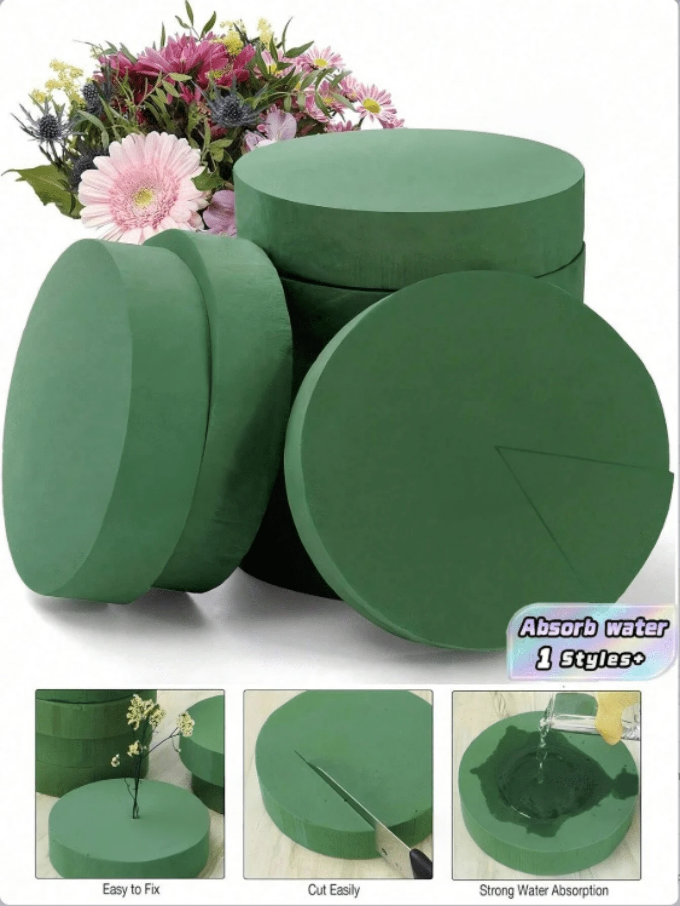 1/3/6 buah Blok Busa Bunga Berbagai Ukuran, Bata Busa Bunga Segar dan Buatan, Busa Bunga Hijau Serbaguna Basah/Kering, Cocok untuk Kerajinan DIY Bunga Segar dan Buatan, Dekorasi Pernikahan, Proyek Berkebun, Dekorasi Hiasan Meja - Busa bunga silindris - View 1