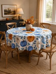 Autumn Pumpkin Tablecloth With Blue Orange Botanical Pattern, Vintage Farmhouse Rectangle Table Cover, Thanksgiving Dinner Decor, Fall Kitchen Dining Room Decoration - Multicolor - View 11