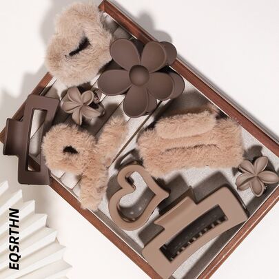 9pcs Brown Plush Hair Claw Clips, Autumn/Winter Warm Brown Plush Square Heart Flower Hair Accessories Set, Multiple Styles Square Claw Clips + Heart Hair Clips + Bauhinia Flower Clips, Suitable For Women's Daily, Dating, Commuting, Hair Styling, Perfect Gift Choice For Birthday, Halloween, Christmas And Other Holidays