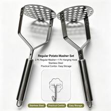2Pcs 26cm/10.24in Heavy‑Duty Rust‑Resistant Stainless Steel Potato Masher Set, Minimalist Kitchen Gadget, Wave & Round Hole Shape Manual Food Crusher With Hanging Loop, For Baby Food Making Home Cooking Restaurant Prep Vegetable Fruit Mashing - Multicolor - View 16