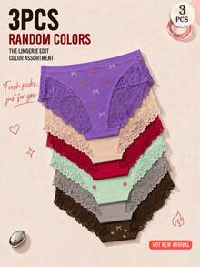 APRSEA 3PCS Women's Sweet Macaron Color Lace Panel Brief Panties With Bow Detail, Random Color - Multicolor - View 2