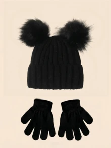 Autumn/Winter Minimalist Versatile Warm Double Pom-Pom Solid Color Kids Knitted Hat & Gloves Set, 2pcs/Set - 2pcs - View 15