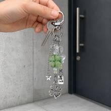 Green Four-Leaf Clover Lucky Keychain, Silver Star And Bead Pendant, Creative Bag Charm - A - View 4