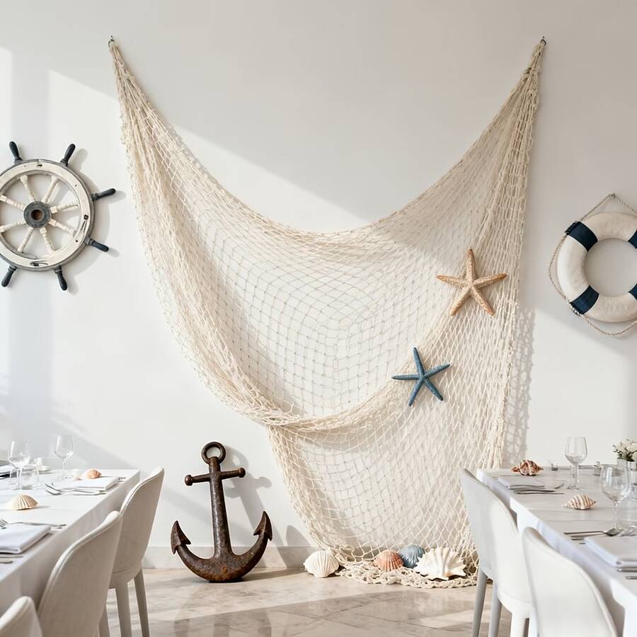 1pc Handmade Fishing Net Wall Decor, Suitable For Party, Hawaiian Party, Underwater Net, Pirate, Ocean, Beach, Halloween, Christmas, Thanksgiving Decoration, Beach Theme Decor, Holiday Decoration, Nautical Style Design - Beige - View 1