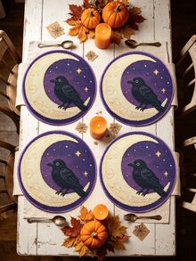 6pcs Halloween & Thanksgiving Round Placemats, Autumn Pumpkin Maple Leaf Turkey Squirrel Print Table Mats, Holiday Atmosphere Decorative Table Pads - Multicolor - View 9