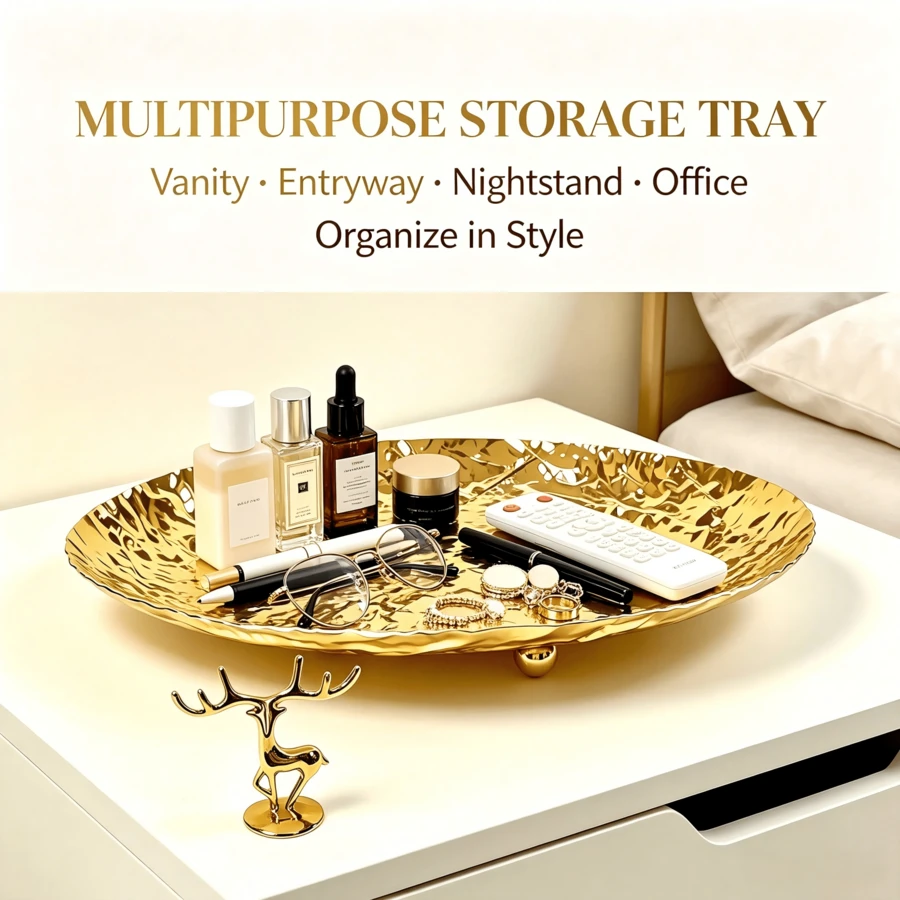 WAXJJDW Gold Textured Vanity Storage Tray With Free Deer Figurine,Key & Cosmetic Jewelry Organizer,Christmas Home Decor Gift - Hammered Storage Tray + Deer - View 1