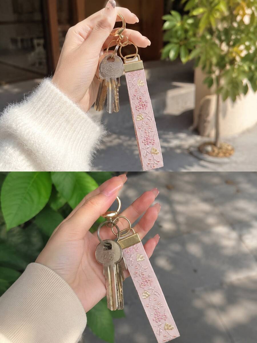 Fashion Polyester Fabric Heat Transfer Fabric Strap Keychain Bag Charm,Handbag Charms - Pink - View 1