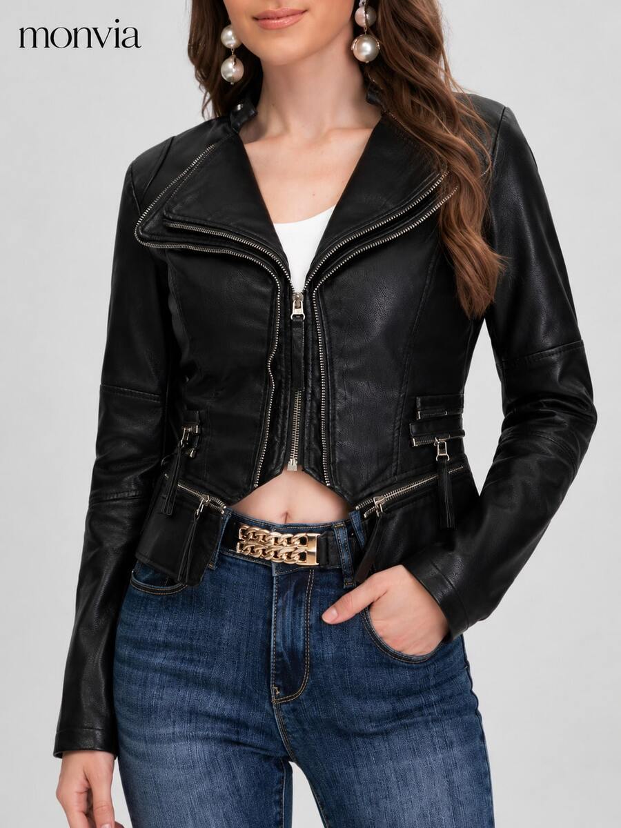 Monvia Fashionable PU Leather Motorcycle Jacket For Women, New Slim Fit Stand Collar Long Sleeve Short Bomber Coat, Spring & Autumn - Black - View 1