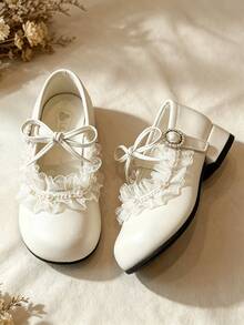 Girls Sweet Dress Shoes, White Pearl Lace Bow Low Heel Performance Shoes - Beige - View 7