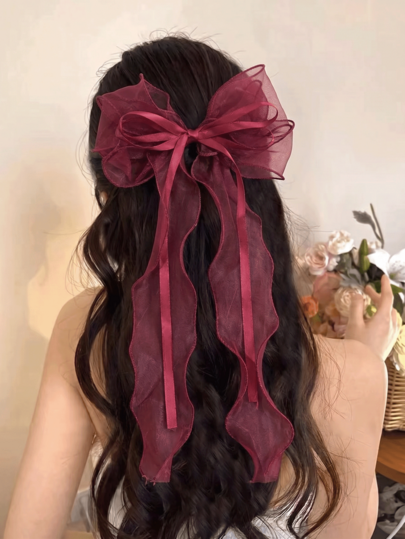Large Organza Bow Hair Clip For Women,Burgundy Chiffon Satin Bow Barrette With Long Ribbon Tails,Elegant Hair Accessory For Wedding Party Daily Wear
