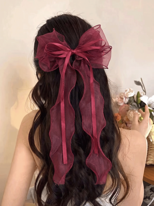 Large Organza Bow Hair Clip For Women,Burgundy Chiffon Satin Bow Barrette With Long Ribbon Tails,Elegant Hair Accessory For Wedding Party Daily Wear