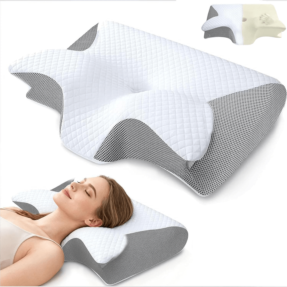 Oreiller cervical, oreiller de lit ergonomique à double hauteur en mousse à mémoire de forme incurvée, convient pour les positions de sommeil sur le côté, le dos et le ventre, oreiller de sommeil quotidien pour la chambre, oreiller de confortable incurvé, cadeau pour les hommes et les femmes passionnés de sommeil