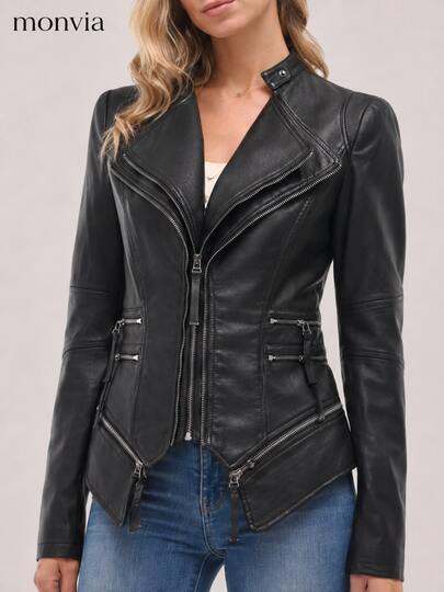 Monvia Women's Casual PU Leather Motorcycle Jacket, With Pockets, Zipper, Regular Sleeves, Lapel Collar, Slim Fit, Solid Black Color Fall