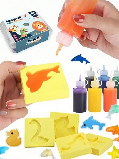 مجموعة حيوانات أليفة مائية من الجل السحري DIY، 4/6 زجاجات و 5/6 قوالب - صانع أشكال ناعمة ومرنة DIY، هدية فنية وحرفية إبداعية - مثالية لهدايا الحفلات ووقت الاستحمام