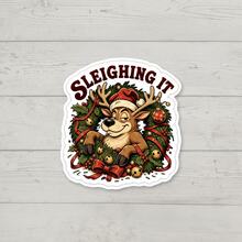 1PC Reindeer "Sleighing It" Sticker, Funny Christmas Meme Vinyl Decal, Humorous Holiday Quote, Waterproof Sticker For Laptop, Water Bottle, Car, Phone Case - Multi-color - View 1
