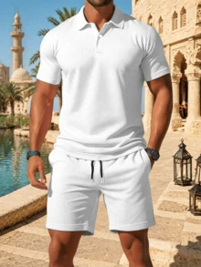 2pcs Men's Casual Solid Color Short Sleeve Polo Shirt & Shorts Set, Suitable For Beach, Commute, Gym And Weekend Outings - White - View 1