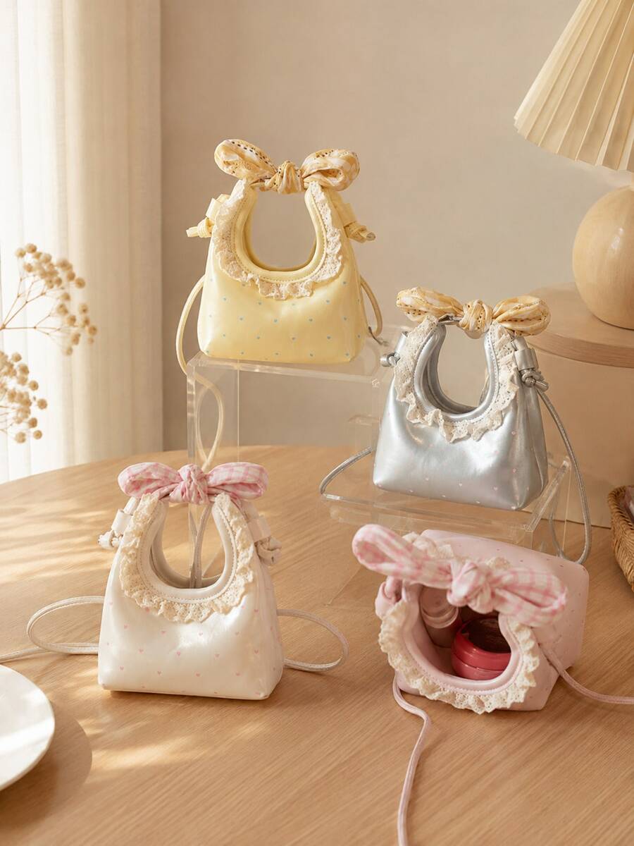XD Fashionable Mini Bow Knot Square Bag, Made Of PU Material With Snap Closure Design, Suitable For Children's Daily Use, Party, Shopping And Other Occasions, Fashionable Chain Shoulder Strap, Square Bag Shape Design Exquisite And Compact, Essential Fashion Item