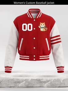 Jaket Baseball Pendek Wanita Kustom dengan Nama dan Nomor Tim yang Dipersonalisasi, Garis-garis Merah Putih, Kancing Depan, Jaket Bomber Varsity, Pakaian Luar - Merah - View 2