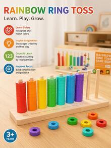 Wooden Rainbow Collar Stacking Toy, Colorful Circular Column Classification Stacking Toy, Children's Color Cognition Early Education Puzzle Teaching Tool - Multicolor - View 1