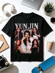 Huh Yunjin Lightning Retro Bootleg LE SSERAFIMs  Printed T-Shirt.Blusen Für Damen,Herbstmode Damen 2026. - Black - View 1