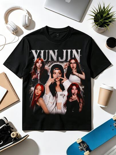 Huh Yunjin Lightning Retro Bootleg LE SSERAFIMs  Printed T-Shirt.Blusen Für Damen,Herbstmode Damen 2026.