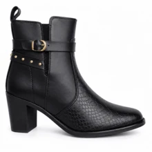 Bota Feminina Cano Curto Croco Salto Médio Bloco Fivela Dourada - Preto - Visão 7