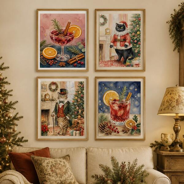 Watercolor Christmas Cocktail Canvas Print, Unframed, Winter Cranberry Drink Wall Art, Vintage Holiday Bar Decor, Xmas Spiced Beverage Art, Holiday Cocktail Art Print, Christmas Bar Decor, Santa Cat Christmas Print, Funny Holiday Decor