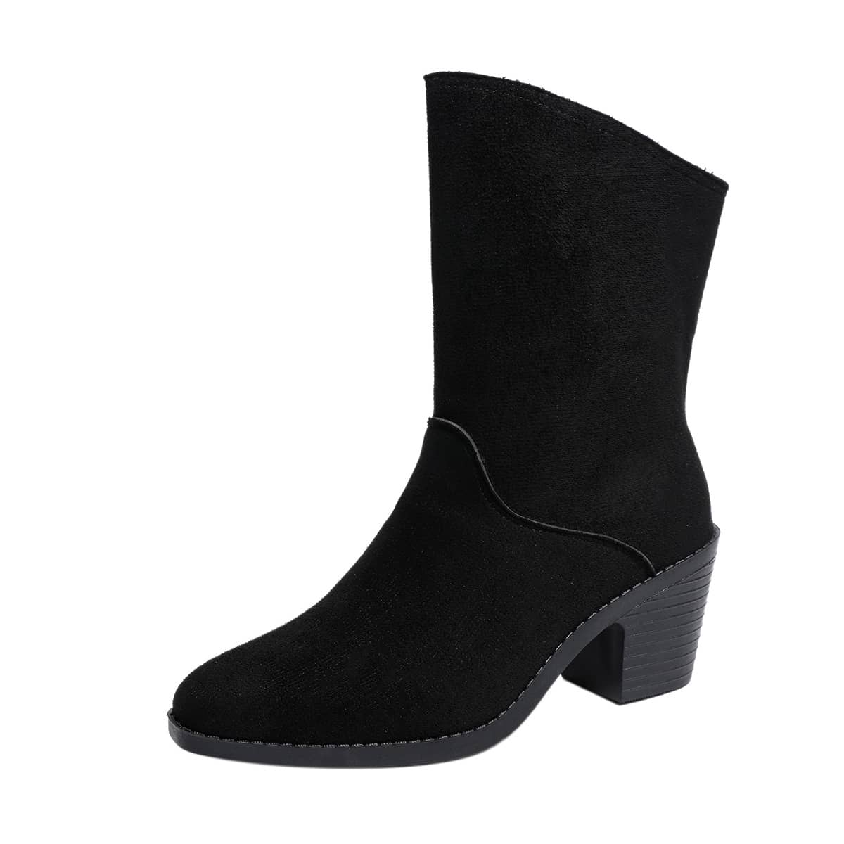 Women Solid Black Faux Suede Mid‑Calf Boots Round Toe Chunky Block Heel Slip‑On Winter Casual Shoes - Black - View 1