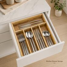 صينية تخزين أدوات المطبخ، منظم درج من الخيزران للملاعق والشوك والسكاكين وأدوات المائدة، خيارات قابلة للتوسيع متاحة - مشاهدة 2