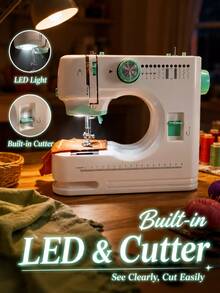 520A Portable Electric Sewing Machine, Household Double-Needle Double-Thread Automatic On-Line Multi-Function Sewing Machine, 12 Kinds Of Sewing Patterns, Adjustable Speed, With Lighting, Suitable For Family Use, - Mint Green - View 3