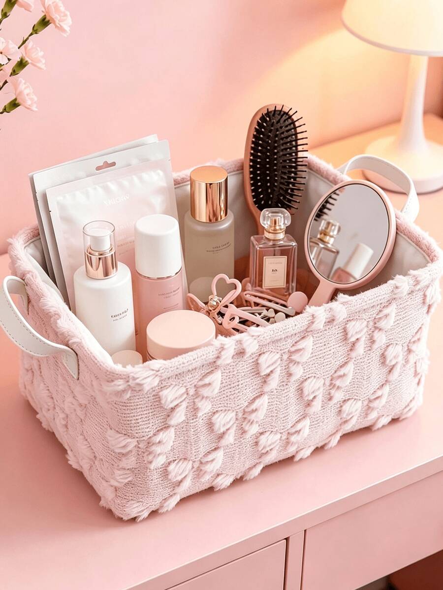 1pc Sweet Pink Bow Jacquard Fabric Storage Basket With White Leather Handle, Suitable For Home Storage, Bedroom Decor, Picnic Essentials, Travel Accessories, Kitchen Storage Solutions, And Perfect Gift Packaging Idea For Various Occasions - Multicolor - View 1