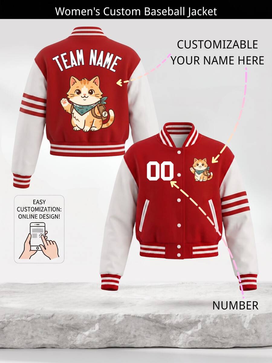 Jaket Baseball Pendek Wanita Kustom dengan Nama dan Nomor Tim yang Dipersonalisasi, Garis-garis Merah Putih, Kancing Depan, Jaket Bomber Varsity, Pakaian Luar - Merah - View 1