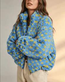 Women's Checkered Sherpa Fleece Zip Up Jacket, Jacke Damen Herbst Stand Collar Puff Sleeve Loose, Jacken Herbst Drawstring Hem Casual Fall Outerwear - Mint Blue - View 2
