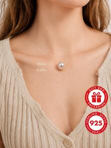 GLIMMER GI 1pc Women's S925 Sterling Silver Low-Allergy Fashion Necklace, Faux Pearl Transparent Fishing Line Pendant Collarbone Chain, Minimalist Elegant Niche High-End New Style, Suitable For Daily Wear/Vacation/Date/Birthday Gift[Gift Box Included] - 1cm/0.39in - View 9