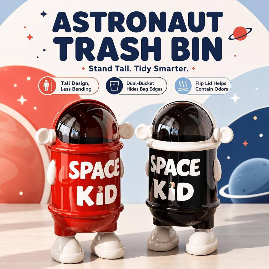 1pc Space Kid Astronaut Trash Can, Cute Red Cartoon Robot Design Garbage Bin, PET+ABS+PP Dual-Bucket Flip Lid Waste Container, Odor-Proof Tall Standing Rubbish Bin For Home Living Room Bedroom Kitchen Office - View 1