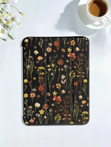 Retro Flowers Pattern Tablet Protective Case, Compatible With IPad 7/8/9/10th/Pro 11 /11th (A16) 2025 , Galaxy Tab S6 Lite / Galaxy Tab A11+ 2025, Offers Soft Shock-Proof Protection, Supports Smart Stand/Auto Wake/Sleep Function - Black - View 1