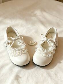 Girls Sweet Dress Shoes, White Pearl Lace Bow Low Heel Performance Shoes - Beige - View 8