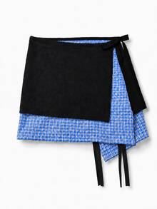 Contrast Blue Plaid Double Layer Layered Hip Cover, Mesh Tie Waist Apron, 2 Pieces Asymmetrical Faux Shirt Hem Layering Hip Concealing Waist Accessory - Multicolor - View 5