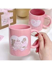 Sweet Cute Pink Ceramic Mug, Adorable Bear Rabbit Cake Art Print Cup, Girly Aesthetic Gift, Macaron Color Coffee Tea Cup - Multicolor - View 4