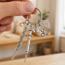 Silver Nurse Theme Keychain With Thermometer, Syringe, Stethoscope, Mask And Pearl Pendant - A - View 2