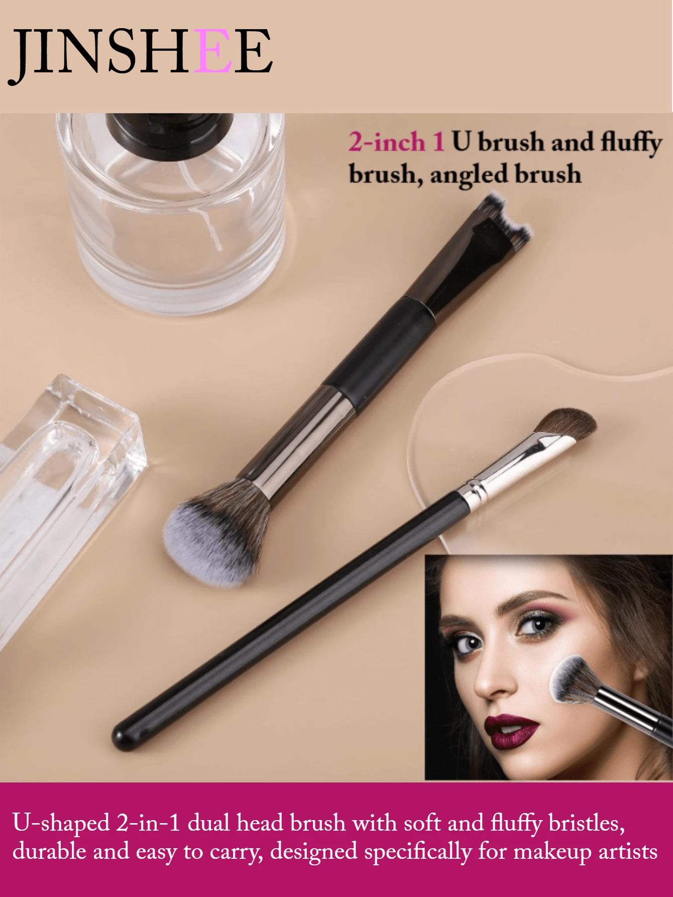 JINSHEE-Two In One Nose Contour Brush, Double Headed U-Shaped Nose Carving And Powder Blusher Brush Precision Fluffy Contour Brush, Perfectly Define The Angular Cheekbones, Highlights, Powder, Contour, Makeup Beginners - Black - View 1