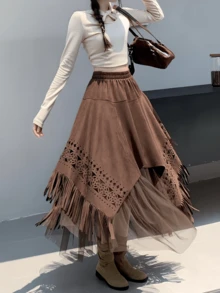 Elegant Women's Brown Bohemian Asymmetrical Long Dress With Tassels, Mesh And Hollow Design, Perfect For Autumn - Coffee Brown - View 4