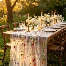 1/3/6Pcs 10Ft White Daisy Embroidered Sheer Tulle Lace Table Runner For Wedding, Romantic Coquette Cottagecore Bridal Shower Baby Shower Spring Easter Party Reception Dining Tablescape Decor - A - View 1
